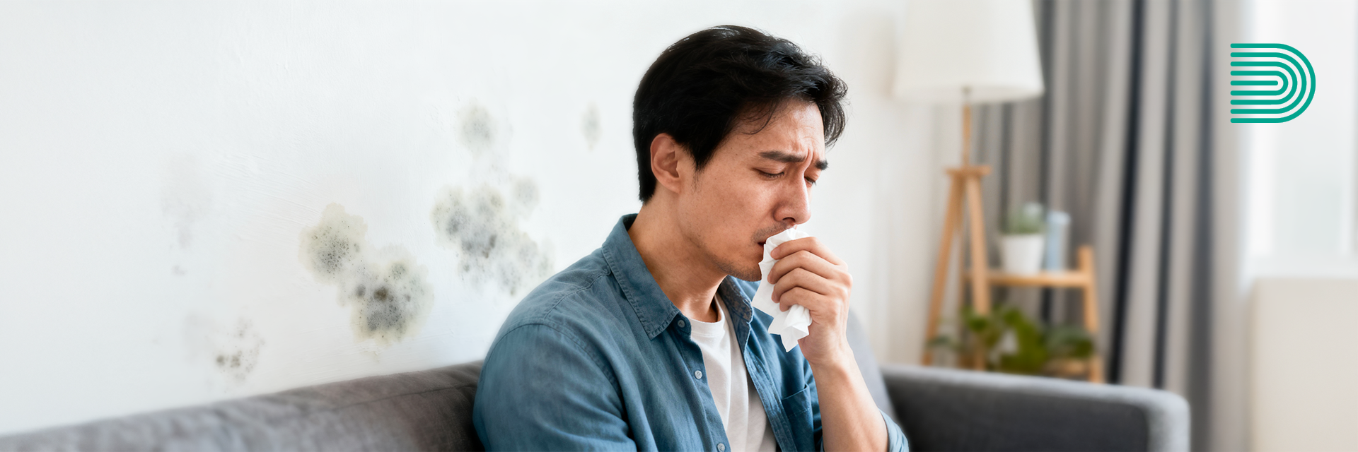 Homem com problemas respiratórios devido a mofo e bolor na parede do quarto antes do Desidrat